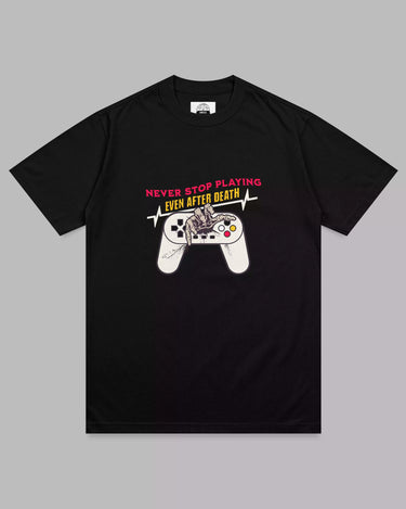 Never Stop Playing: Black Unisex Gamer Tee